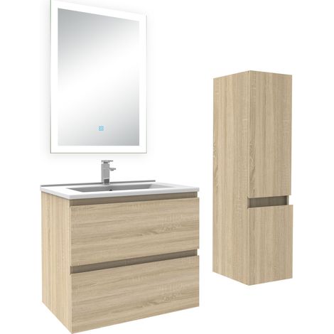 Acezanble Ensemble meuble Salle de Bain 60cm avec vasque et colonne et miroir lumineux 3 couleurs chêne wotan