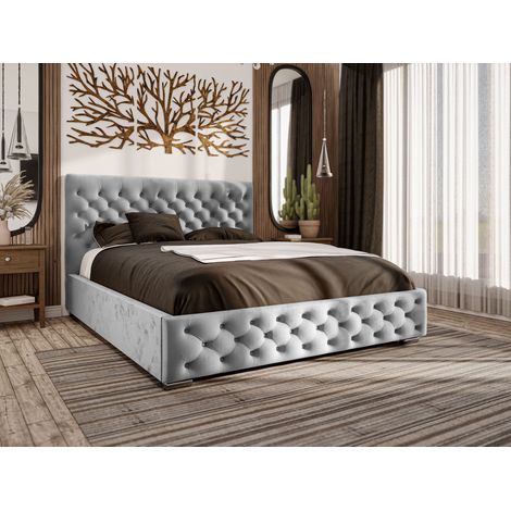 Emporius Lit double 140x200 cm Monaco, lit Chesterfield en velours avec rangement, Gris (1/4)