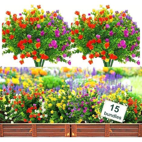 15 Bouquets Fleurs Artificielles, 35CM Plantes Artificiel en Plastique Arbustes Artificiels Résistants Aux UV pour Vase Suspension Plante Pot Jardin Porche Mariage Décoration (5 Couleurs) (1/5)