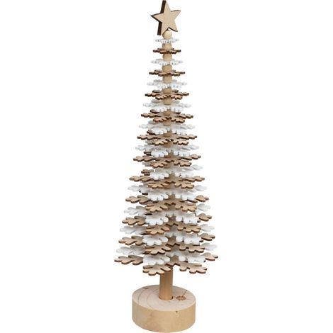 Atmosphera – Sapin de Noël flocon en bois MDF – Diamètre 13 cm x Hauteur 40 cm – Motif flocon de neige pour décoration festive