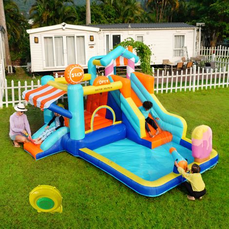 Aufblasbares Kinder-Spielcenter mit Wasserrutsche, 450 W, bunt blau, OKMYHOME (1/5)