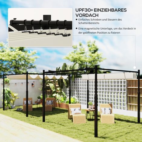 Pergola jardin 3x3 m, toit rétractable avec fixation magnétique, store extérieur, pavillon de jardin, protection UPF 30+, métal blanc crème