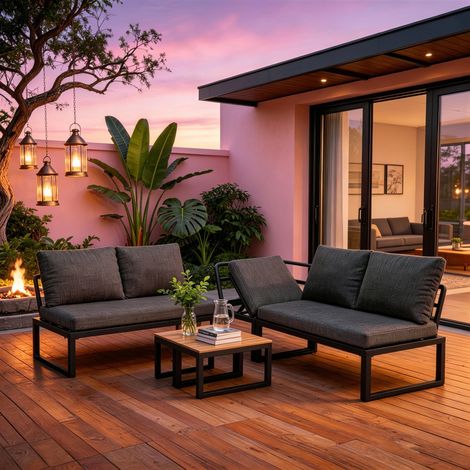4-5 Seater Garden Outdoor Set with Flexibly Convertible Plastic Wood Tables, Adjustable Corner Sofa and Lounge Chair, Weather-Resistant Patio Furniture for Garden, Balcony and Terrace, Linen, Grey