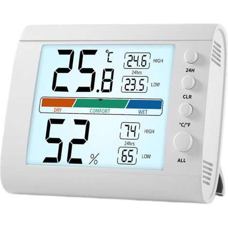 Sveglia digitale con display LCD di facile lettura, umidità, temperatura e timer, orologio da tavolo, a batteria, per casa e ufficio, bianco
