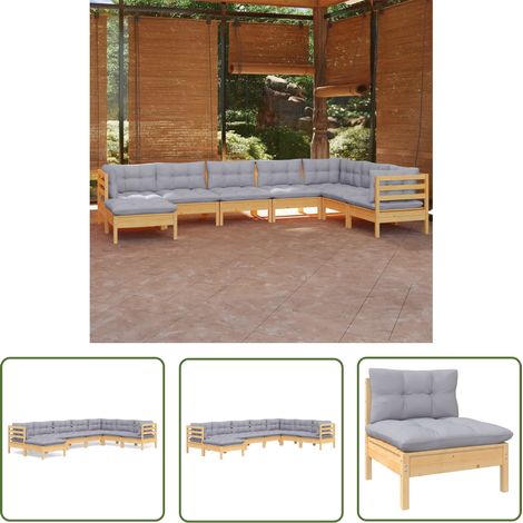 INLIFE Salon de jardin 8 pcs avec coussins gris Bois de pin solide (1/5)
