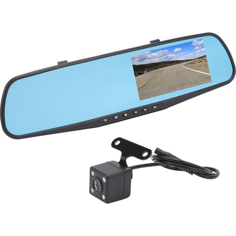 Caméra embarquée avec rétroviseur de 4,3 pouces, résolution 1080p HD, double objectif anti-reflets, fonction moniteur de stationnement intelligent et carte mémoire 32 Go incluse. (1/5)