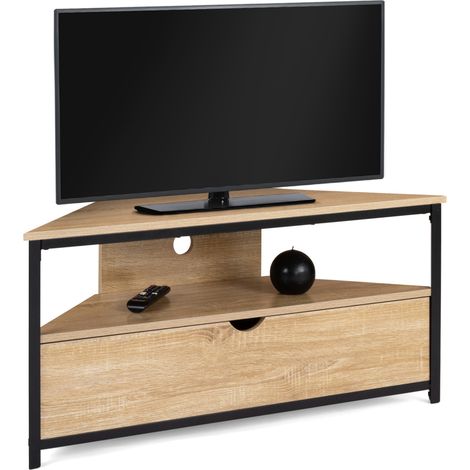 Idmarket – Meuble TV d'angle 100 cm DETROIT – Placard en métal et bois – Design industriel – Étagère ouverte avec passe-câbles