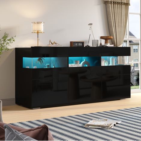 Aparador de salón 140 x 40,5 x 66,5 cm, 3 puertas, negro, LED, acabado brillante (1/5)