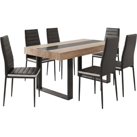Set rechteckiger Esstisch PHOENIX aus Holz und schwarzem Mittelstreifen schwarz 160 cm und 6 Stühle ROMANE schwarz weißer Mittel