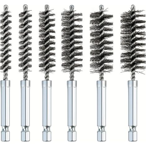 Lot de 6 brosses d'alésage en acier inoxydable, brosses métalliques pour perceuse, brosses de nettoyage pour perceuse, tige hexagonale de 6,35 mm, pour perceuse à percussion électrique et nettoyage de