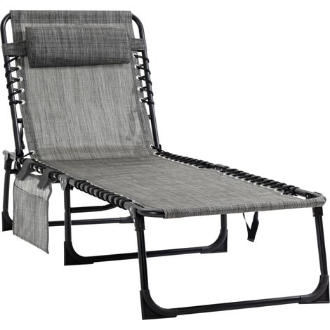 Folding Sun Lounger, Portable Reclining Camping Bed with 5-Position Adjustable Backrest, Pillow Included, Mixed Grey (1/5)
