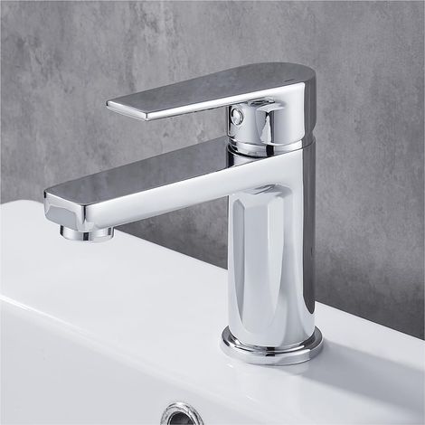 Mitigeur de lavabo monotrou en laiton massif chromé, robinet de salle de bain pour eau chaude et froide, modèle d'évier moderne et résistant (1/3)