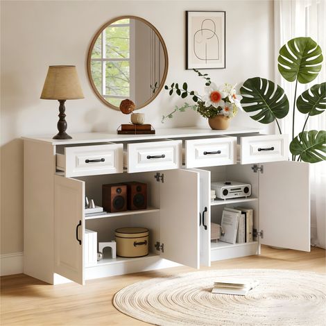 Credenza in MDF bianco 160 x 35 x 80 cm con 4 cassetti, 4 ante e 2 ripiani regolabili