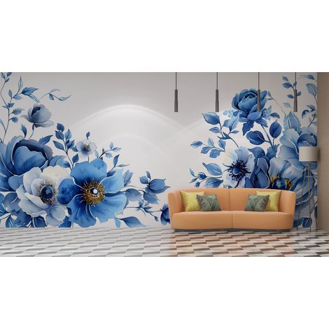 Papier peint fleuri - frise de roses azur - 150 x 250 cm (1/2)