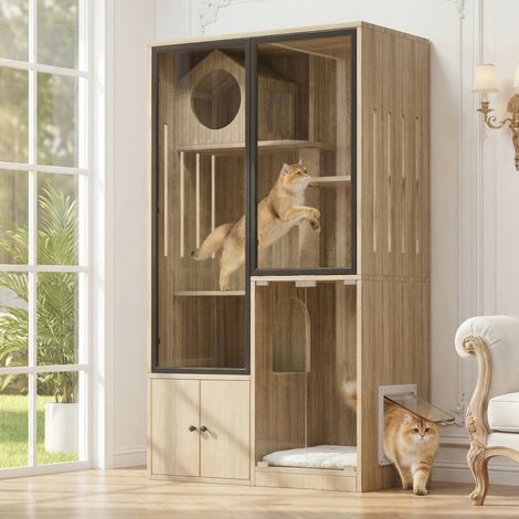 Villa pour chat intérieure imitation bois clair 90 x 50 x 160 cm, cage multi-niveaux adaptable pour chinchilla, porte d’accès verrouillable, parois vitrées panoramiques, sans bac à litière (1/5)