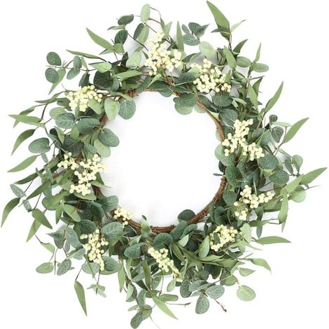 Couronne d'eucalyptus de 50 cm pour porte d'entrée, porche et fenêtre - Décoration verte pour la maison, style champêtre - Printemps, été, automne, toutes saisons (1/5)