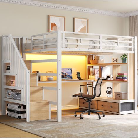 Lit mezzanine 140/200 cm blanc en métal avec bureau, étagères, LED et tiroirs (1/5)