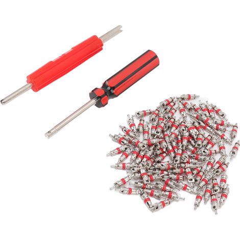 Kit d'outils pour obus de valve avec 100 obus de valve et 2 outils de réparation de valve de pneu pour voiture, camion, SUV, moto et quad. (1/5)