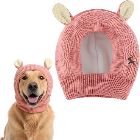 Bonnet d'hiver tricoté pour chien avec pompon et cache-oreilles coupe-vent - Bonnet chaud pour chiens de petite et moyenne taille (rose)