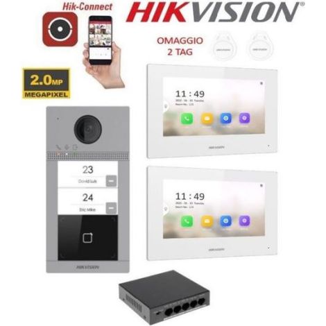 KIT Videocitofono bifamiliare IP Poe Hikvision 2 monitor 7" bianco WIFI smart telecamera 2 mpx