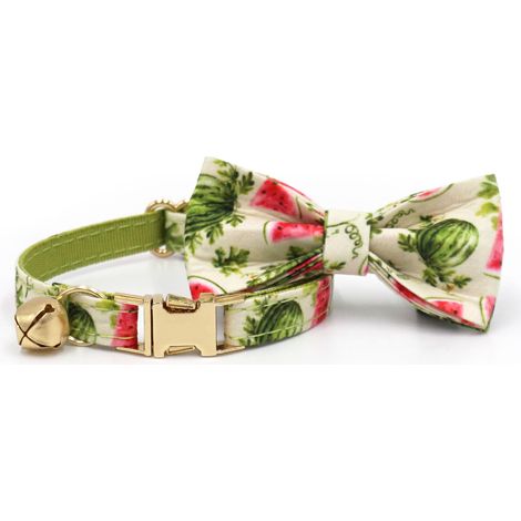 Collier chat fleur et fruit motif pastèque S noir boucle dorée avec cloche et nœud (1/2)