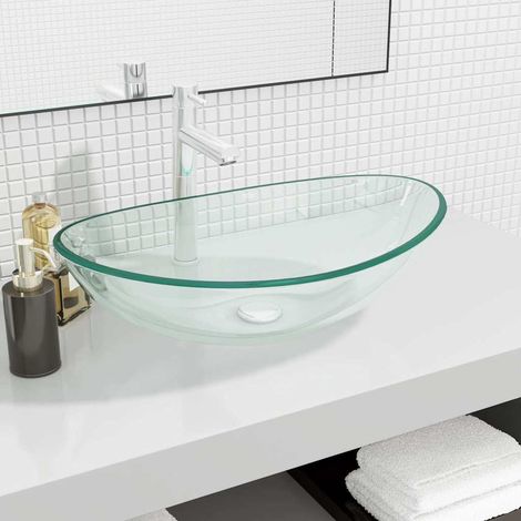 Lavabo en verre trempé transparent à poser 54,5 x 35 x 15,5 cm – Vasque rectangulaire pour salle de bain (1/5)