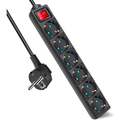Multiprise avec 6 prises et interrupteur, câble 1,5 m, pour la maison, le bureau et les voyages, max 3680 W, 16 A, 250 V, noir, 1 pièce (1/5)