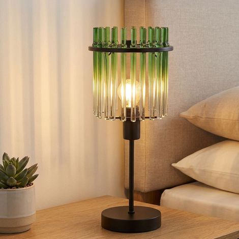 LED Tischleuchte Glasstäbe grün klar Nachttischlampe Glas klassisch Tischlampe schwarz-matt, 1x LED 6W 700Lm warmweiß, DxH 15x37,5 cm