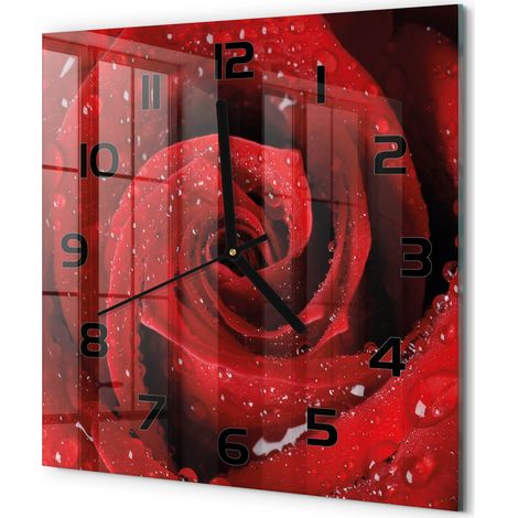Horloge Murale Carrée Originale en Verre Silencieuse Design Moderne Salon Gouttes sur la rose 30x30 cm (1/5)