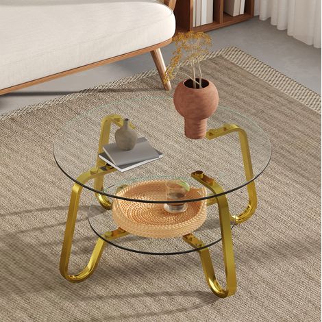 Table basse 80x80x45 cm verre trempé métal doré, double plateau, petit salon – MEUBLIV (1/5)