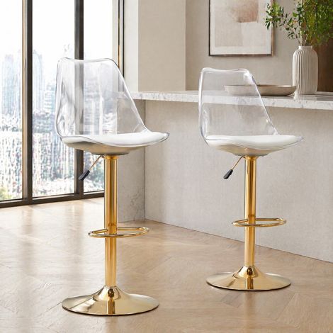 DESMIU Tabouret de Bar Set de 2 avec Dossier en Plastique Transparent, Siège en PU, Base Métal Or, Pivotant 360°, Transparent Or (1/5)