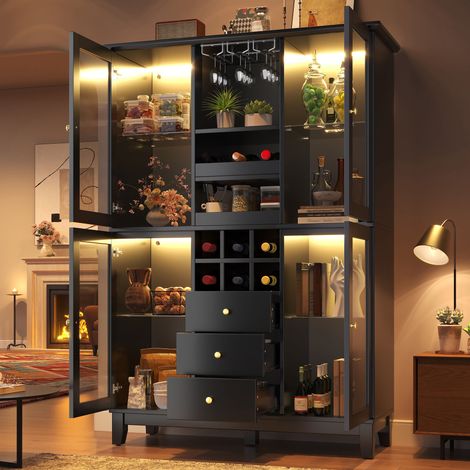 Armoire à vin avec éclairage LED contrôlé par application,180,5x120x40cm,3 tiroirs,verre à vin et porte-bouteille,noir/blanc(DA) (1/5)