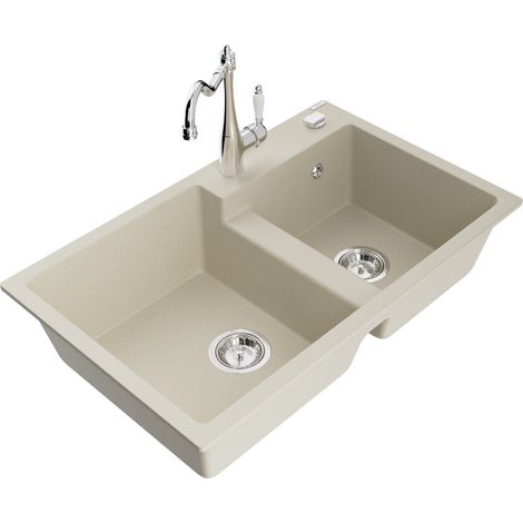 Mexen Tomas 2-Becken-Granitspüle mit Mischbatterie Carla, Beige - 6516-69-670700-00