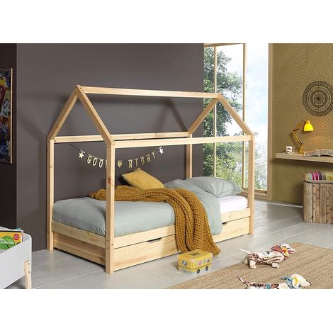 Lit cabane gigogne 90x200 pin massif clair Kali