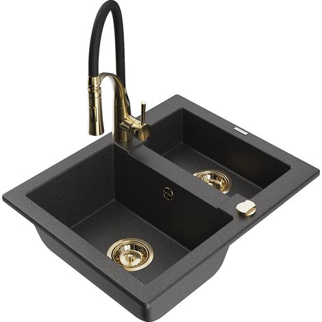Mexen Carlos 1-Becken-Granit-Spüle mit Mischbatterie Aster, Schwarz gesprenkelt - 6518-76-73450-57-G (1/5)