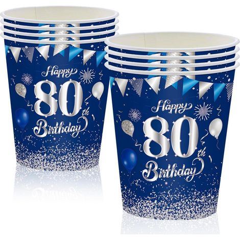 80 Geburtstag Papierbecher Blau Silber 16 Stück 250ml für Party Deko
