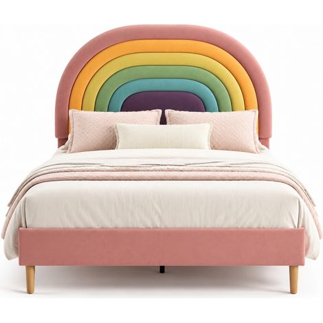 Lit capitonné 140x200 en velours rose avec tête de lit réglable, sommier à lattes en bois, structure stable, montage facile, pour chambre adulte et ado - CHICFURN (1/5)