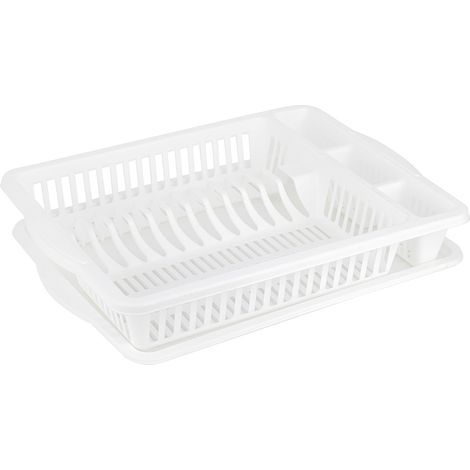Escurridor de platos de plástico aterciopelado de 48x36x8 cm con soporte, color blanco.