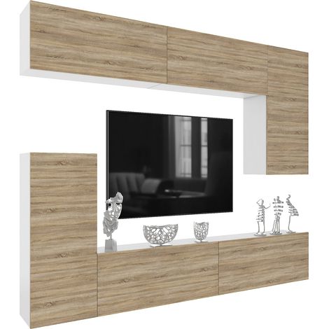 BELINI Meuble TV Mural Milano 8 250 cm - Suspendu avec Systeme Verin a Gaz - Chêne Sonoma Mat (1/4)