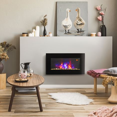 Cheminée électrique murale 1000/2000 W, cheminée décorative avec effet flamme 7 couleurs réglables, 72,5x11,5x40cm, noir (1/5)