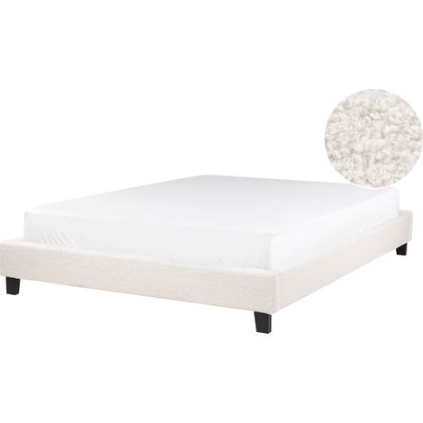 Lit Double en Bouclé Moderne Minimaliste 140 x 200 cm Bureau Chambre Crème Roanne