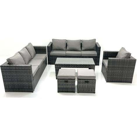 Fimous Rattan Garden Furniture Set Outdoor 9 Seater Patio Conversation Sets with Glass Top Coffee Table Stool (1/5)
