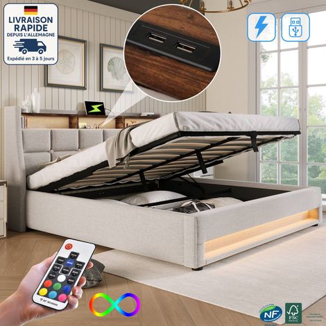 Lit coffre en lin 160x200cm, lit double pour adultes, LED, USB, sans matelas, beige (1/5)