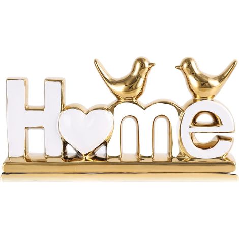Décoration en céramique « HOME » avec figurines d'oiseaux – Objet doré moderne à poser (entrée, meuble TV, étagère murale) – Cadeau chaleureux de crémaillère – Élégant ornement pour le séjour,Blanc (1/5)