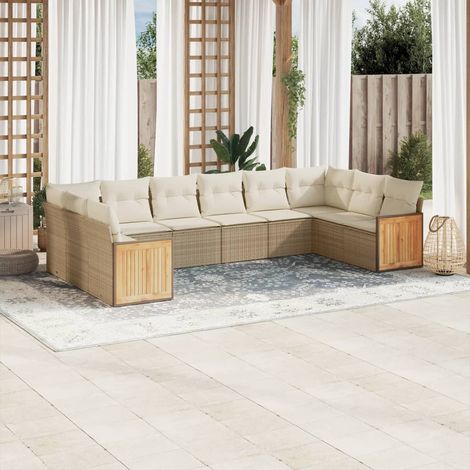 Ensemble Salon Jardin 10 Places Résine Tressée Beige avec Coussins - Canapé Modulaire Extérieur (1/4)