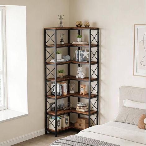 Libreria angolare industriale in metallo e legno, 7 livelli, nero e marrone rustico OKMYHOME (1/5)