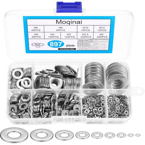 897 Pièces Rondelles Acier Inoxydable, Assortiment de Rondelles Plates, Métalliques Distanciatrices pour Vis, Rondelles de Précision M2 M2.5 M3 M4 M5 M6 M8 M10 M12 (1/5)