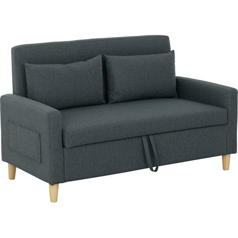 Divano 2 Posti con Spazio Portaoggetti e Cuscini, in Tessuto Effetto Lino e Legno, 135x72x84 cm, Grigio Carbone