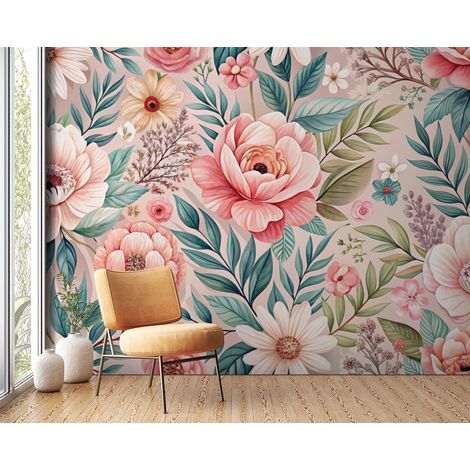 Papier peint fleuri - pivoines roses romantiques - 150 x 250 cm (1/2)
