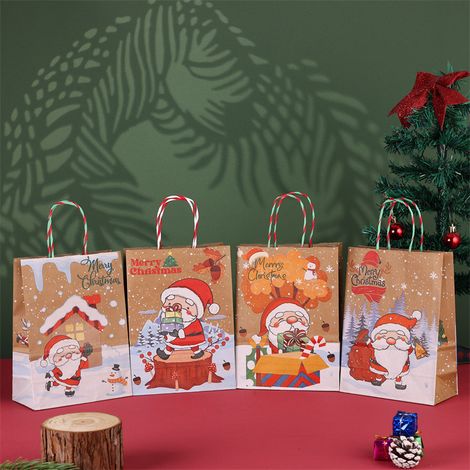 Sac cadeau de Noël en papier kraft / Lot de 12 / 16x22x8 cm / Poignées torsadées (1/2)